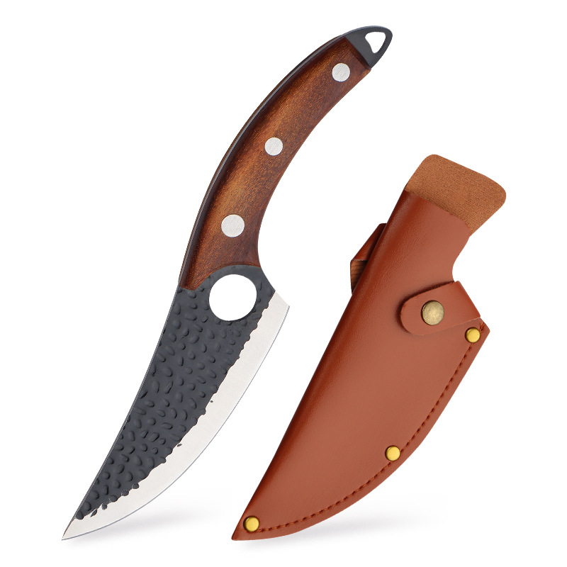 Stainless steel forged hammer-textured boning knife, sharp solid wood handle, slaughterhouse, meat cutting and pig slaughtering knife, household kitchen knife Item Picture