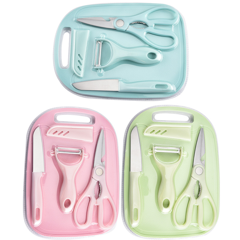 Wholesale stainless steel knife sets, fruit knives, kitchen scissors, peelers, four-piece sets, household plastic cutting board manufacturers full figure