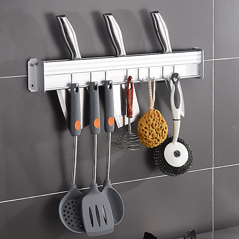 Non-drilling knife rack, kitchenware, multi-functional hook storage rack, wall-mounted knife, thickened space aluminum storage rack Application Scenario