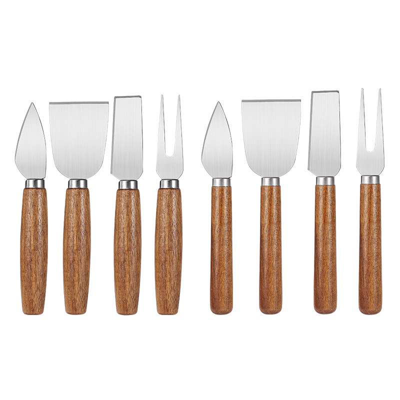 Cheese knife set, stainless steel cheese knife, wooden handle cheese butter knife and fork set, European-style baking cheese butter knife Item Picture