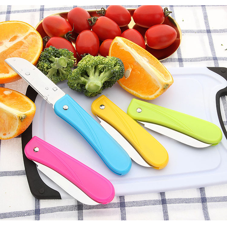 Folding fruit knife, candy-colored plastic handle folding fruit knife, sharp stainless steel folding knife, peeler details Picture
