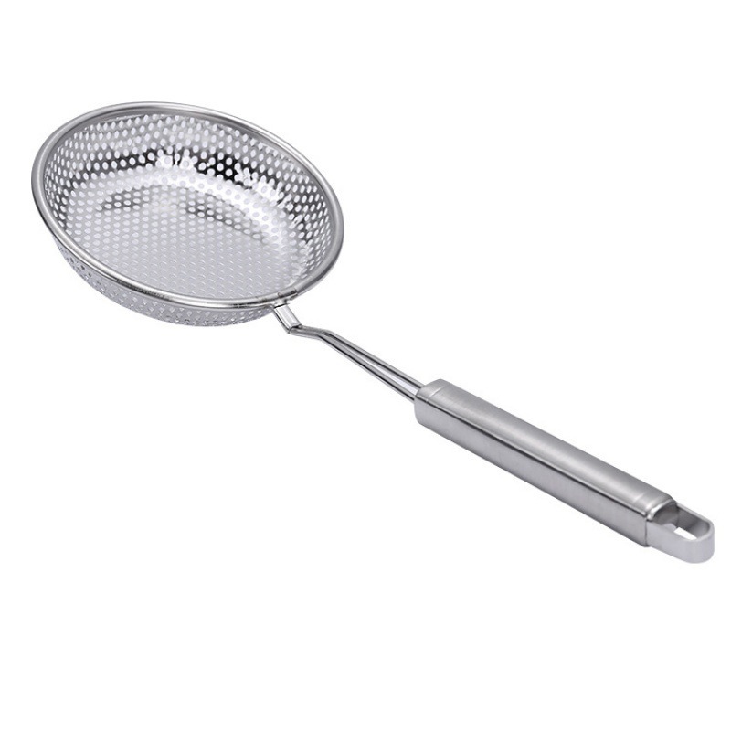 Stainless steel flat-bottomed strainer, household kitchen, deep-frying, filtering mesh basket strainer, noodle and hot pot strainer, perforated mesh strainer Item Picture