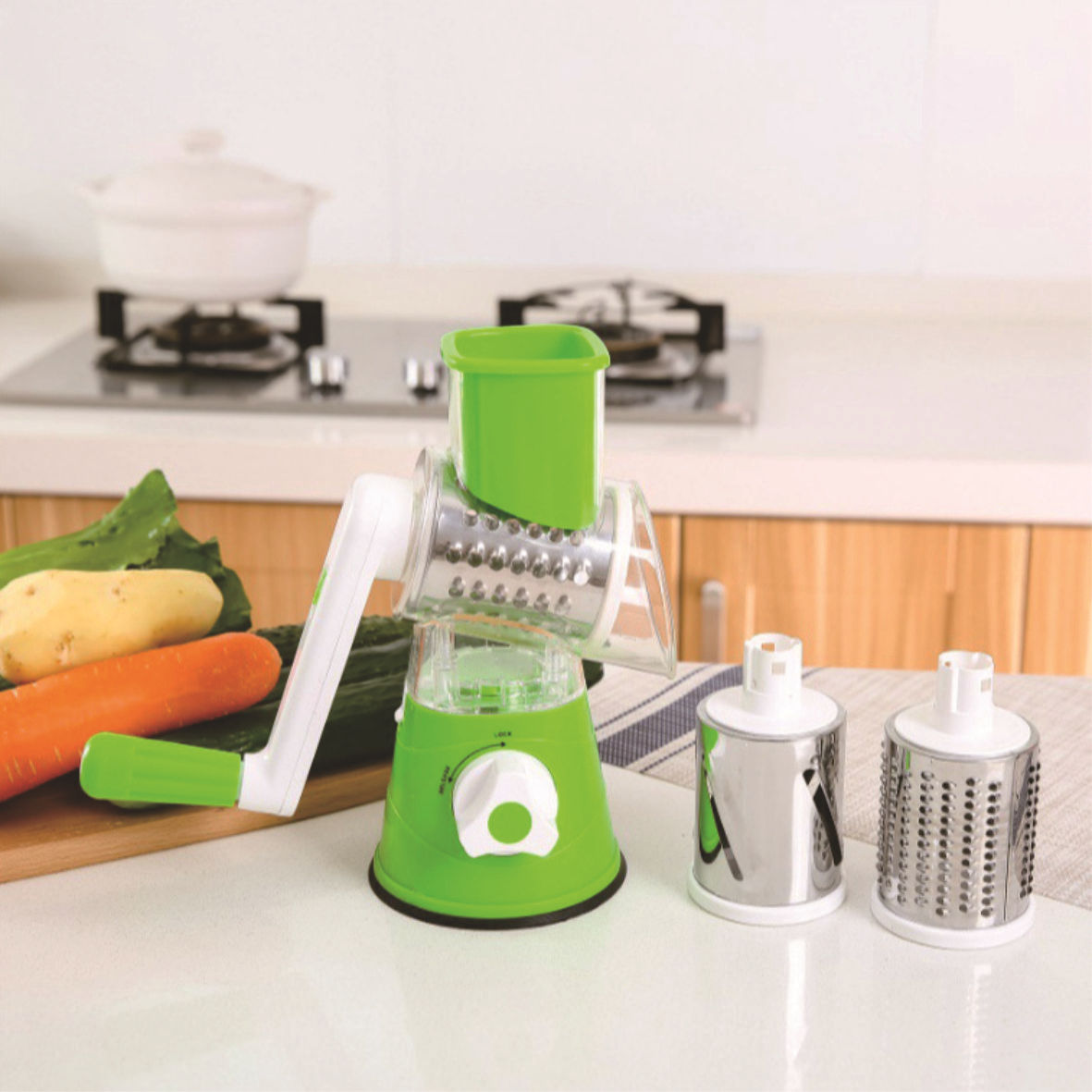 Cross-border hand-cranked drum vertical multi-functional vegetable cutter, grater and vegetable cutter, three types of knife heads, kitchen small tools full figure