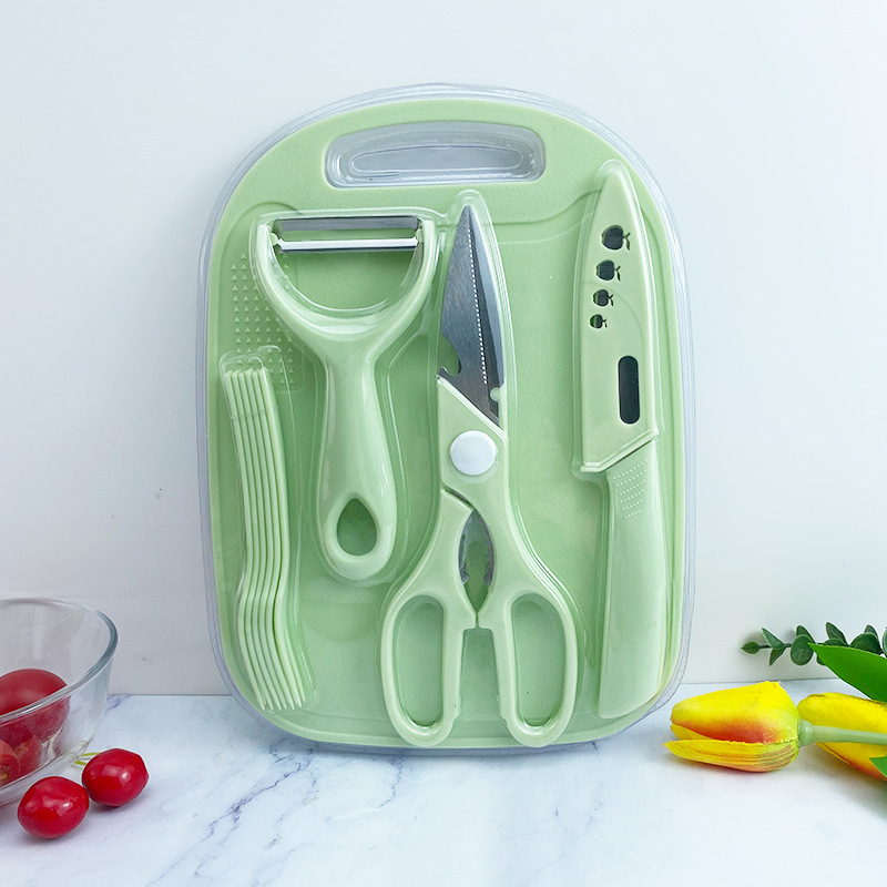 Stainless steel fruit knife five-piece set, children's complementary food knives, kitchen cutting board, cutting board, peeler, scissors and fork set Specification drawing