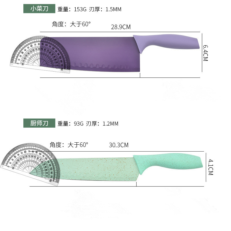 Wheat straw six-piece set, macaron color kitchen knife set, stainless steel chef knife and cutting board 7-piece set, gift knife Application Scenario