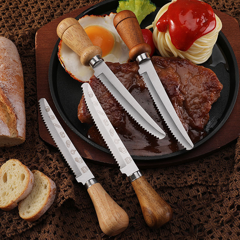 Factory stock wooden handle serrated steak knives, stainless steel creative tableware, Western steak knives, cake, toast and bread knives Specification drawing