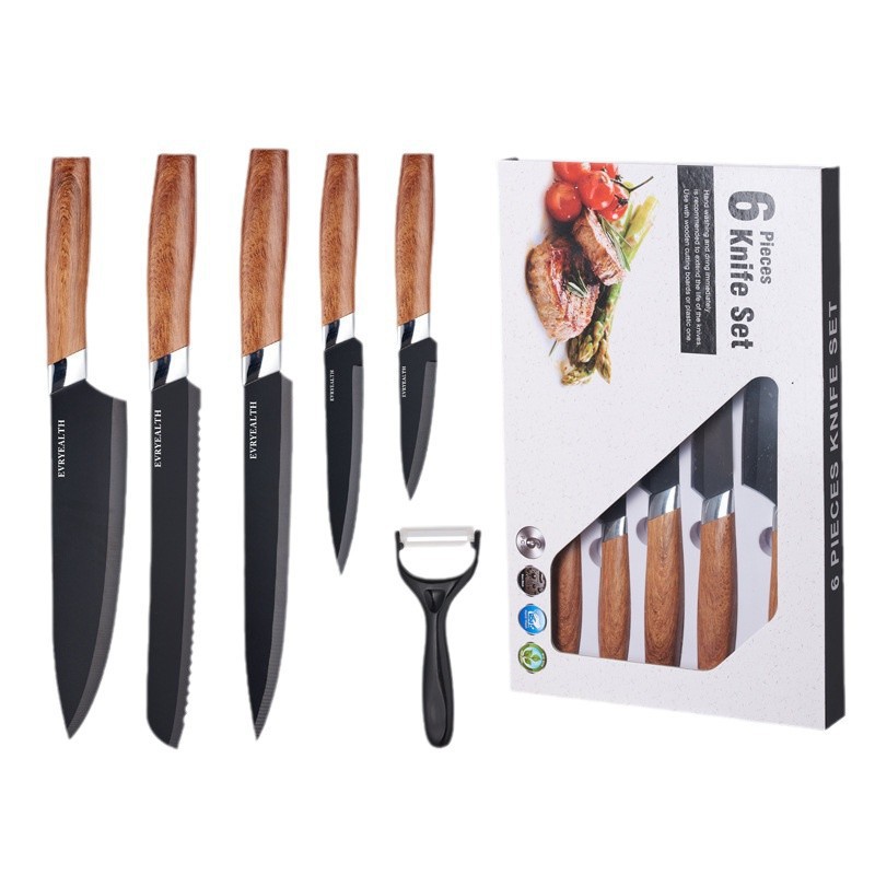 Wholesale foreign trade kitchenware, wood-grain handle, square bucket seat, stainless steel knife six-piece set, chef knife, fruit knife gift set Specification drawing