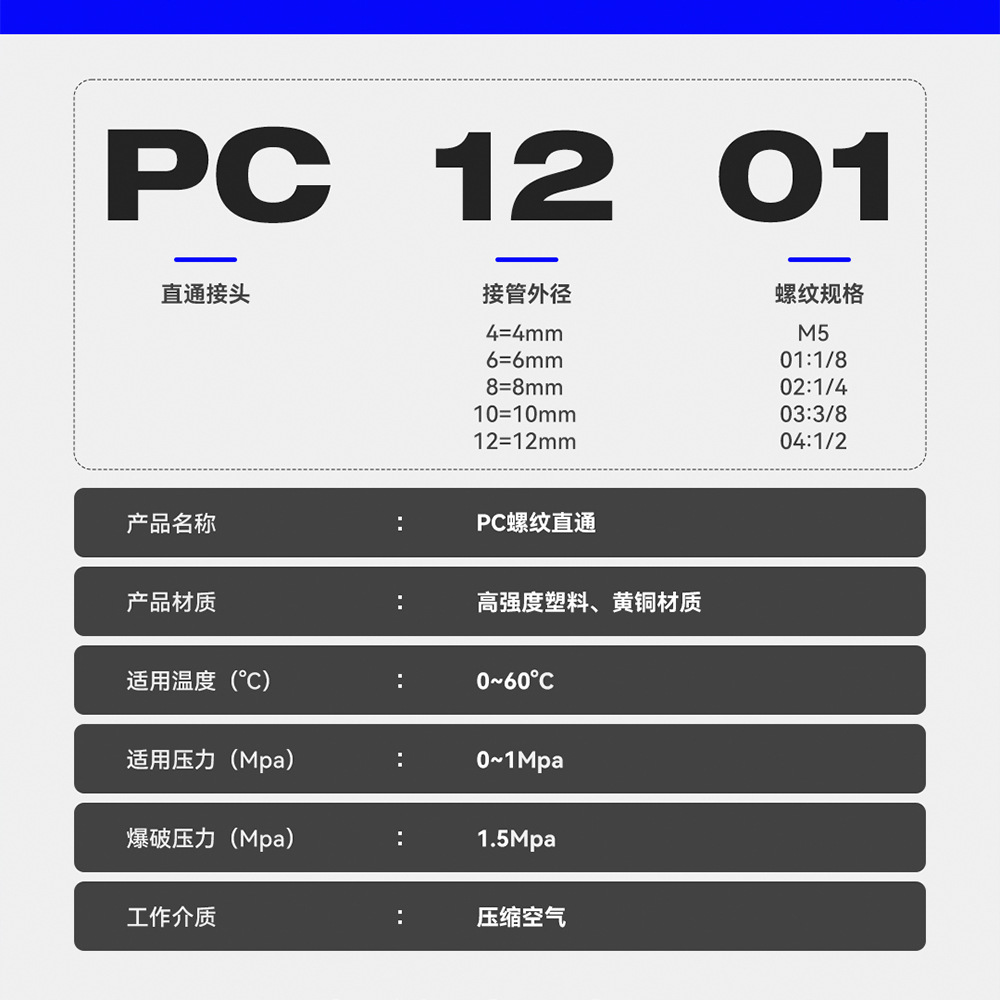 Copper hose, blue air pipe, pneumatic quick connector 6-01, straight-through, white nickel-plated PC8-02, black quick connector Specification drawing
