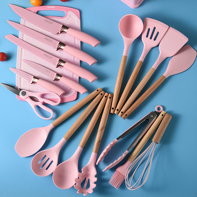 A 19-piece set of kitchen silicone knives, kitchen knife set, vegetable cutting spoon, spatula, non-stick pan with storage bucket combination Specification drawing