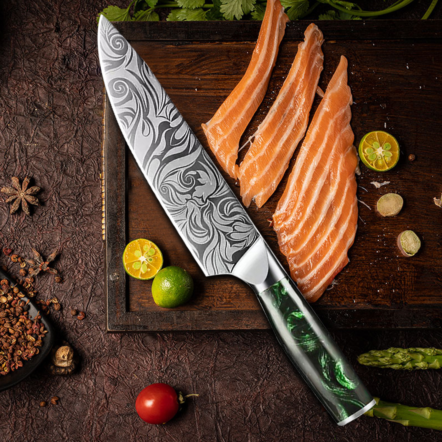 Yangjiang products Damask patterned stainless steel Japanese chef knives, kitchen knives, sashimi cooking knives, slicing and meat cutting kitchen knives full figure