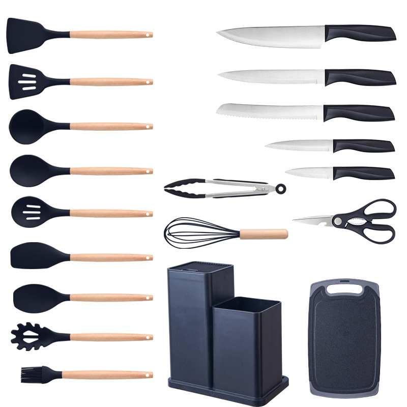 Silicone kitchenware set of 19 pieces, knife combination set, storage cylinder, straw color set, knife holder, storage rack Item Picture