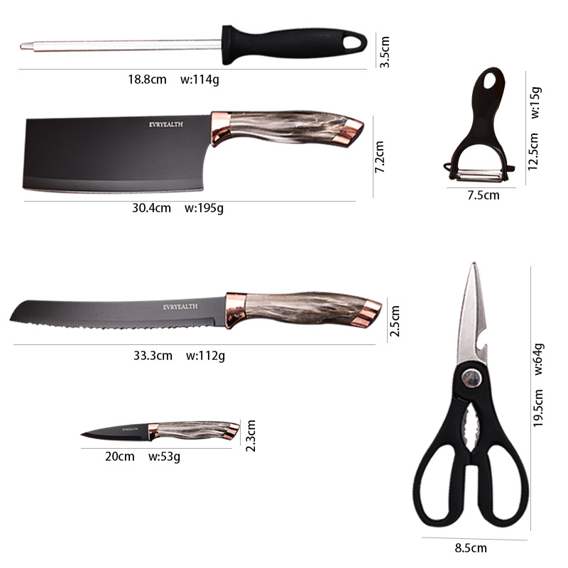 Knife set: Stainless steel painted kitchen knife, double electroplated head, nine-piece set, acrylic rotating knife seat, kitchen knife set Application Scenario