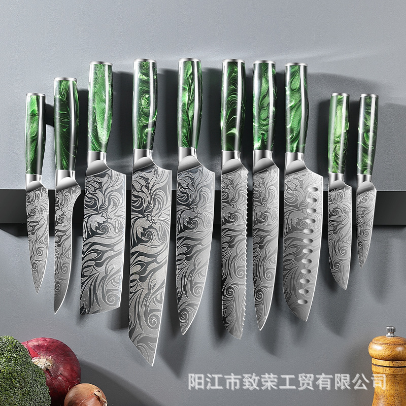 5cr15 stainless steel resin-patterned set knives, chef knives, Santoku knives and small kitchen knives are best-selling on Amazon. Original manufacturer full figure