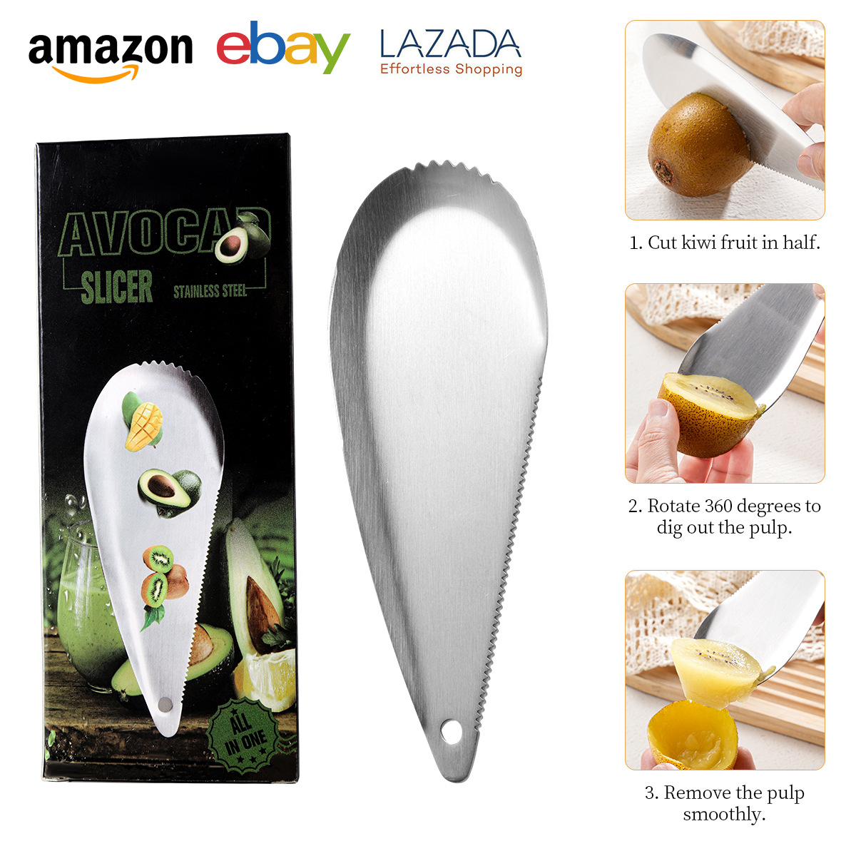 Cross-border 304 stainless steel fruit knife, multi-functional peeler, kiwi spoon, mango slicer, butter pulp scoop full figure