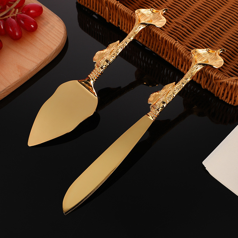New zinc alloy knife and spatula set, wedding celebration, birthday cake tableware, creative design, leaf knife handle tableware full figure