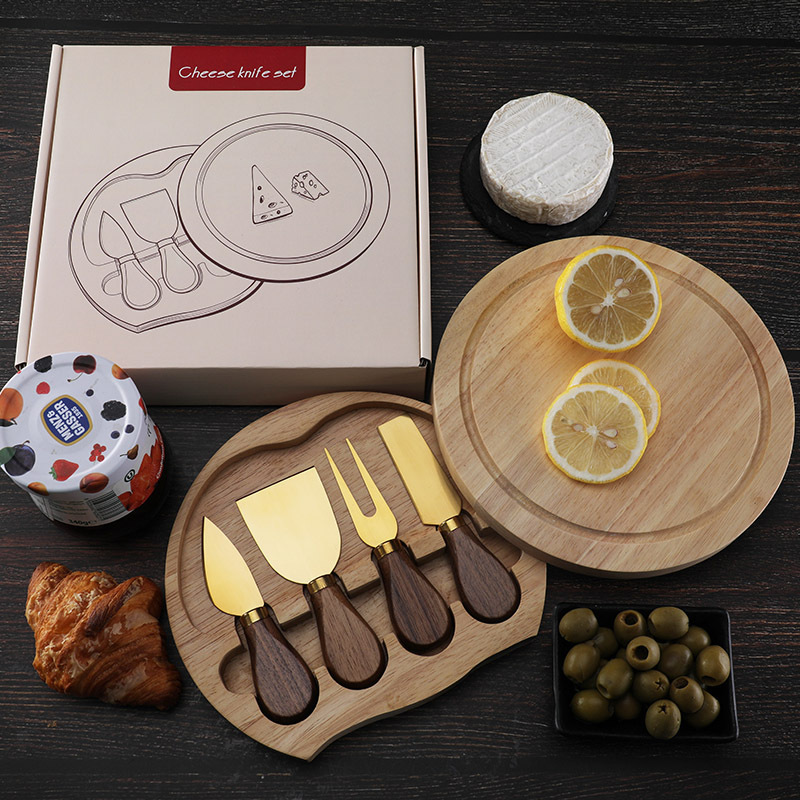 Gift box with walnut wood handle, round rubber wood box, cheese knife, stainless steel 4-piece cheese knife set details Picture