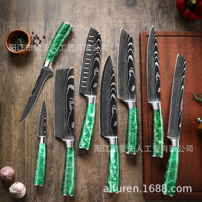 Cross-border foreign trade green resin Damask pattern chef's knife set, meat slicing knife, Santoku knife, Japanese knife full figure