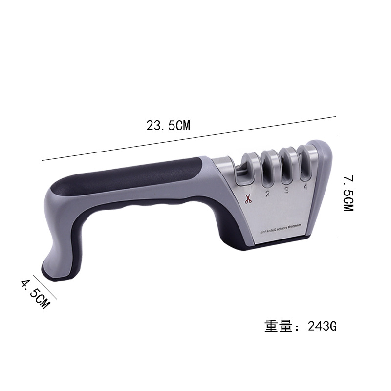 The four-section kitchen knife sharpener, which can be used for both sharpening and cutting, is a household knife sharpening wonder. It is available in stock for quick knife sharpening Application Scenario