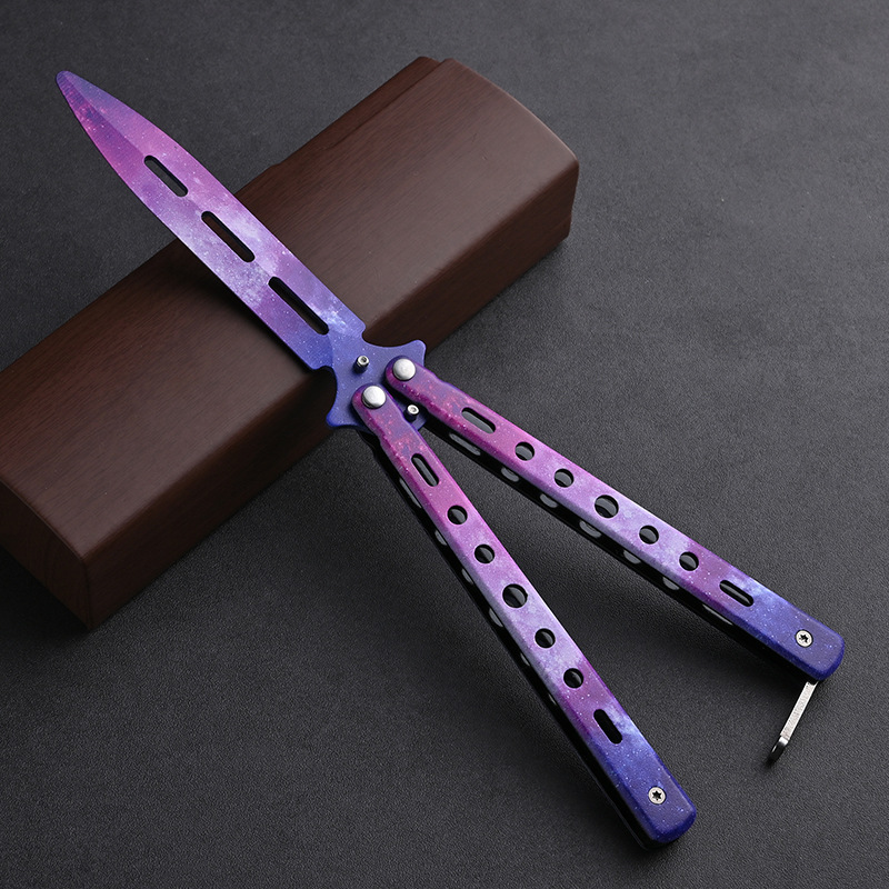 ✅ Butterfly knife csgo folding knife unedged practice self-defense swinging toy knife All-steel flower style beginner training comb Specification drawing
