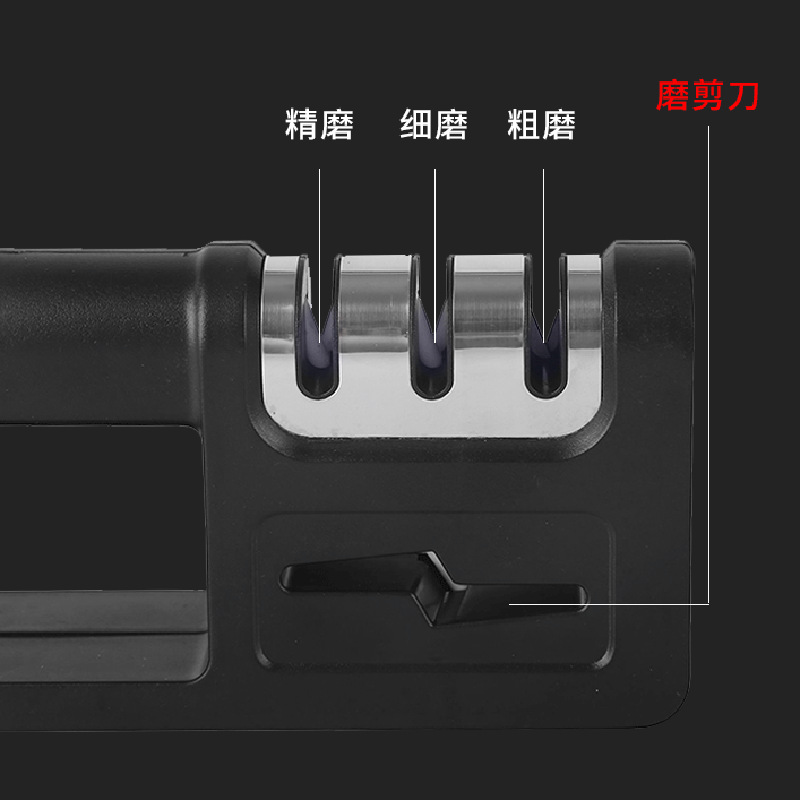 Four-in-one kitchen practical lazy quick knife sharpener with multiple functions, handheld whetstone, three-section ceramic knife sharpener Application Scenario