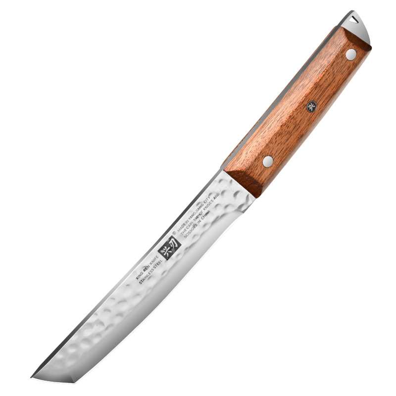 The manufacturer exclusively supplies stainless steel hammer-textured outdoor knives with solid wood handles and mirror finish, multi-functional outdoor camping knives Item Picture