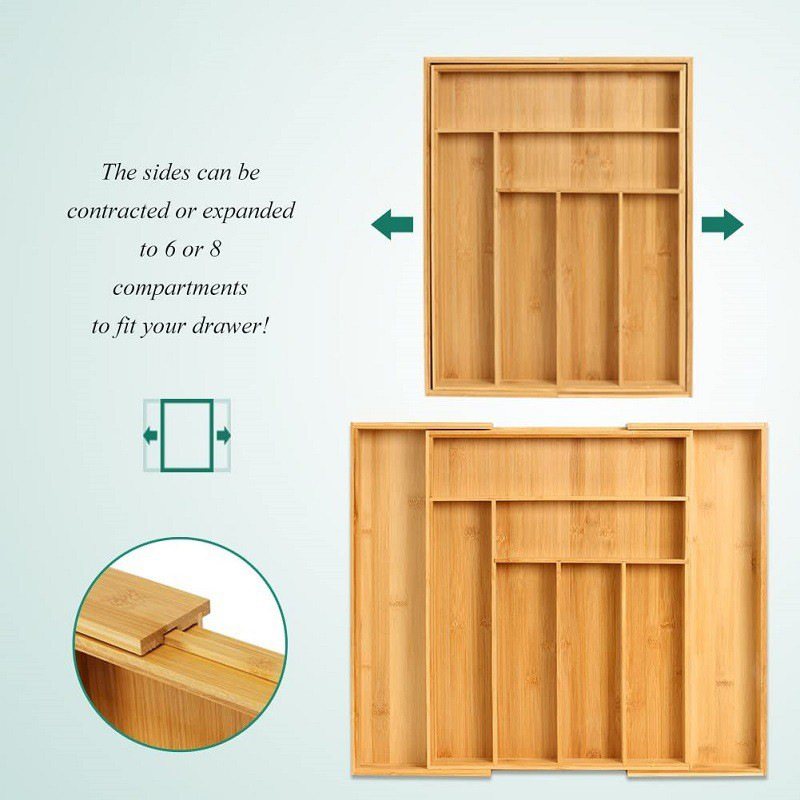 Bamboo telescopic eight-compartment knife storage box, Tableware storage box, and drawer storage are available for wholesale Application Scenario