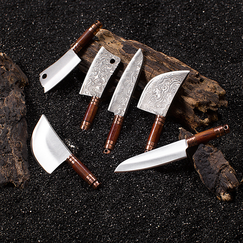 Sandalwood, purple copper handle, Damascus steel mini sharp miniature knife, portable accessory, unpacking and unboxing knife Item Picture