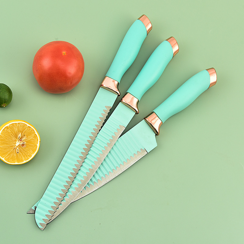 Tiffany Blue double-sided color-absorbing card kitchen set, double electroplated head wavy rose gold stainless steel knife Specification drawing