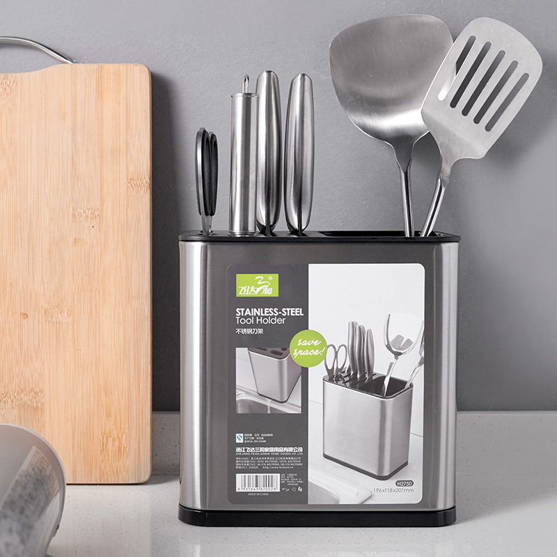 Household stainless steel knife rack, kitchen storage, multi-functional knife storage, kitchen knife holder, draining, wall-mounted, no need for drilling Application Scenario