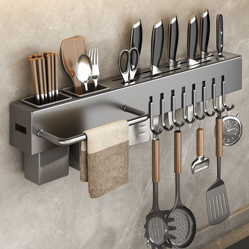 Thickened knife rack without drilling, kitchen storage rack, kitchenware, multi-functional wall-mounted chopstick holder for storing vegetables and knives Application Scenario