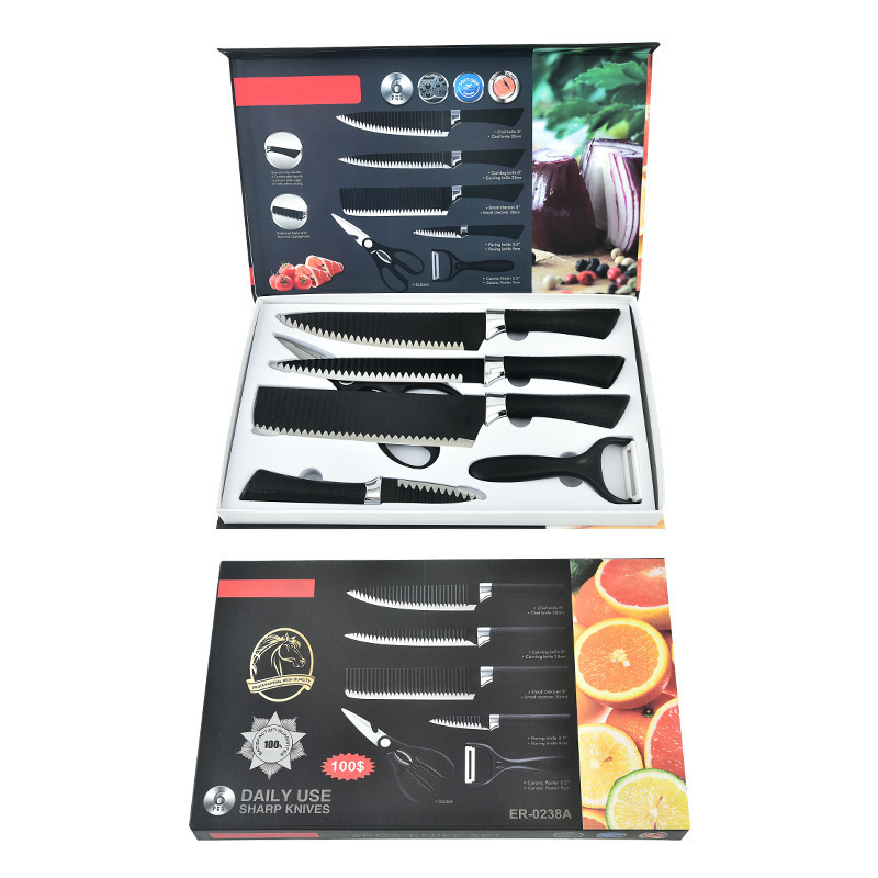 Popular export factory wholesale 238A non-stick corrugated knife black wavy pattern six-piece knife set gift color box Specification drawing