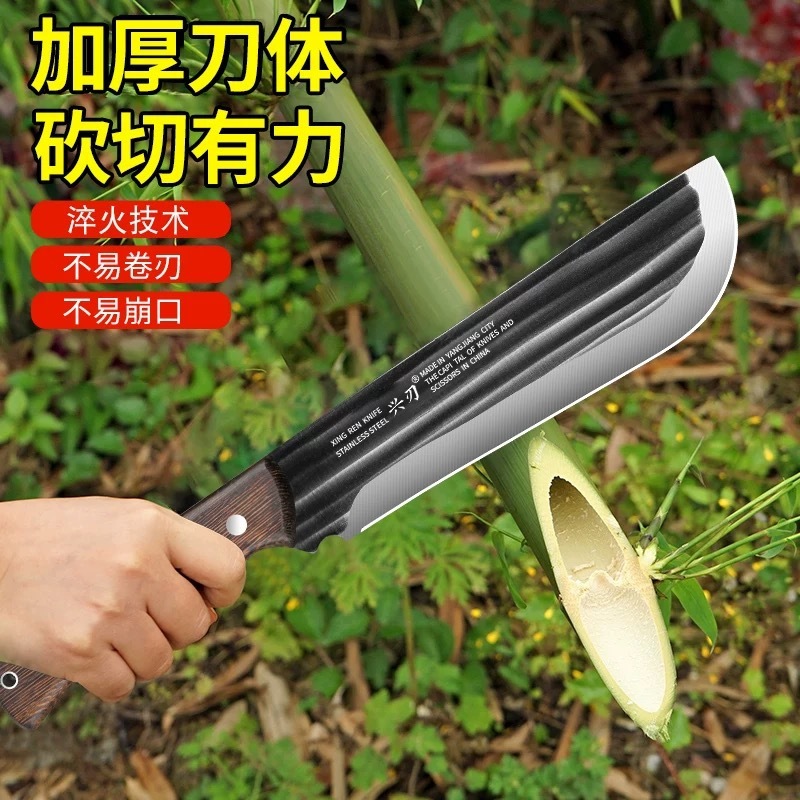Outdoor tree cutter, kitchen large bone cutter, agricultural firewood cutter, vehicle-mounted camping wild fishing, stainless steel forged with thick wooden handle details Picture