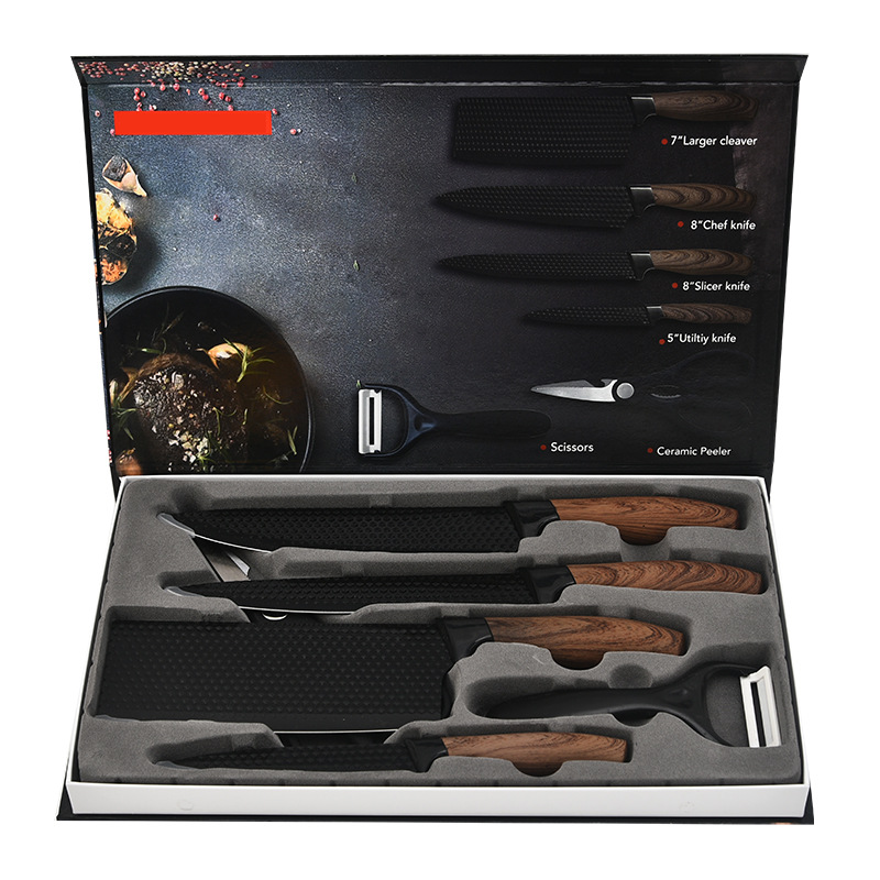 Kitchen stainless steel knife set, fat handle covered six-piece set, hexagonal diamond pattern colorful gift box knives Application Scenario