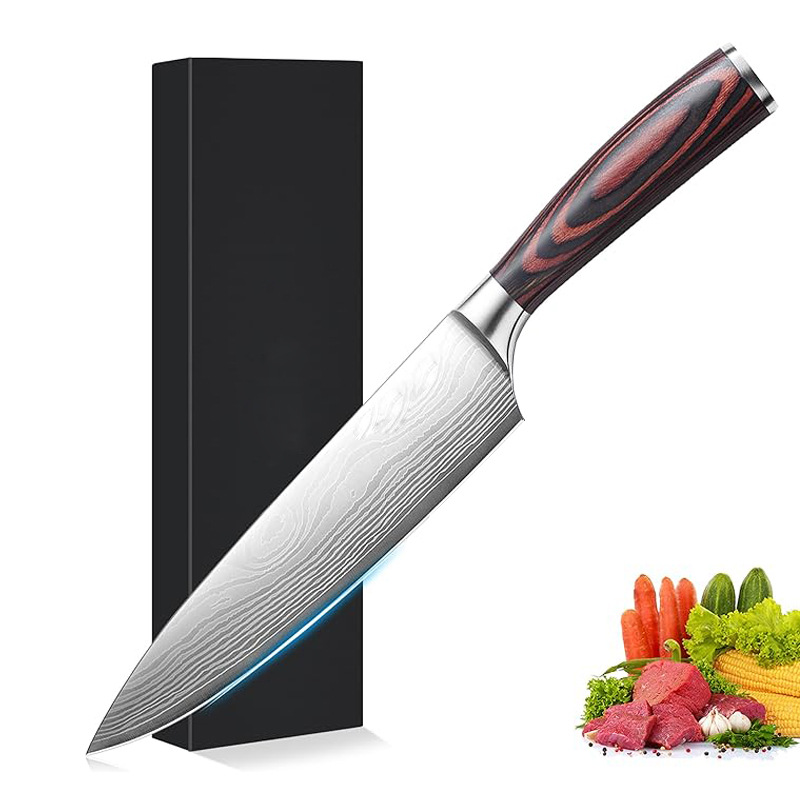 Cross-border best-selling 8-inch chef's knife, high-carbon stainless steel sharp kitchen knife, colored wooden handle Damascus pattern chef's knife full figure