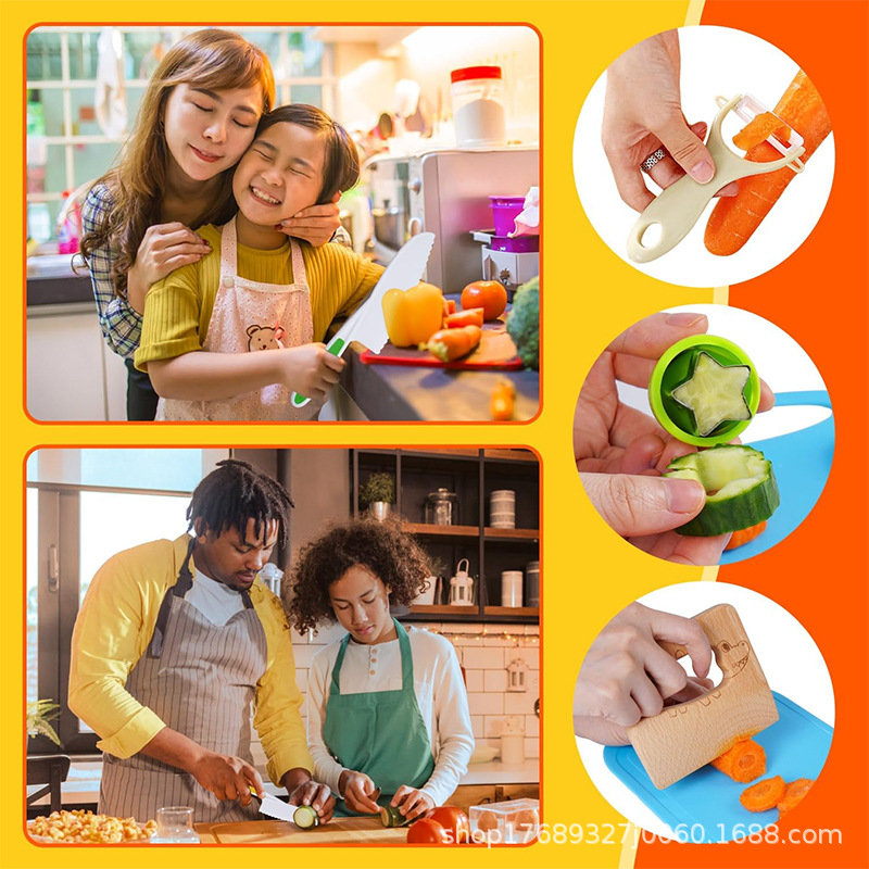 Children's early education plastic fruit knife without hand injury, serrated fruit knife, bread knife, children's plastic knife, cutting board 28 sets details Picture