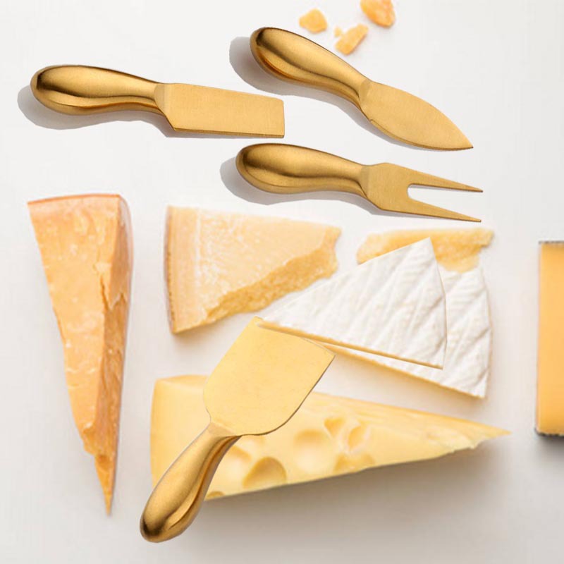 Factory direct sales of stainless steel golden cheese knife set, cheesecake fork, sharp knife, butter knife, four-piece tool set details Picture