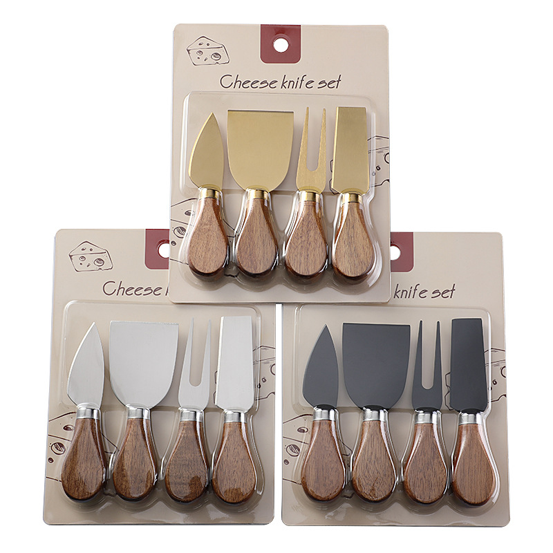 Cross-border love wooden handle cheese knife, cheese knife, stainless steel cheese tools, knife, fork and card 4-piece cheese knife set Item Picture