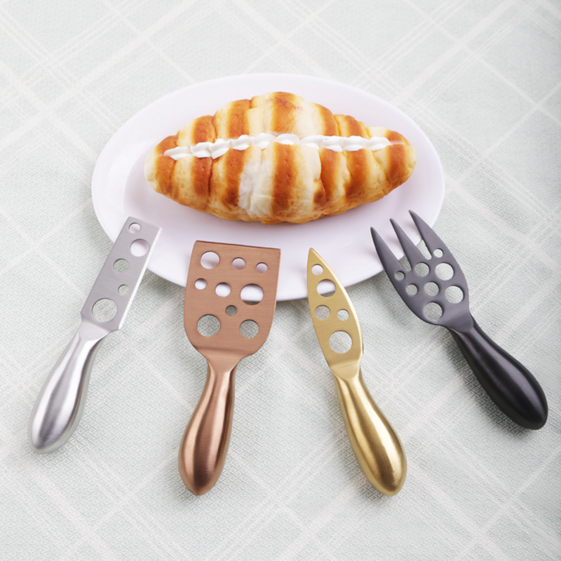 Cross-border titanium-coated stainless steel cheese knife, baking butter knife, household cream spatula, pizza knife and fork set gift box full figure