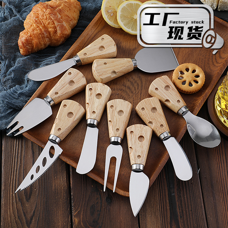 Cross-border creative cheese handle tools, Western tableware, stainless steel knives and forks, butter spatula, rubberwood cheese knife full figure