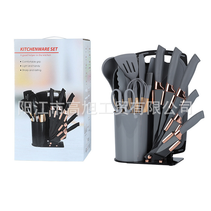 Factory stock batch of 19-piece sets of new silicone kitchenware, kitchen knives, non-stick pan spatulas, soup spoons and cooking tools Specification drawing