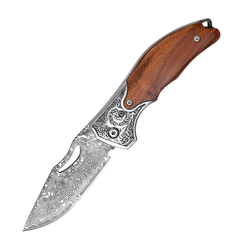 Damascus steel folding fruit knife, a multi-functional self-defense knife, is a high-hardness, sharp and portable small knife for outdoor use Item Picture