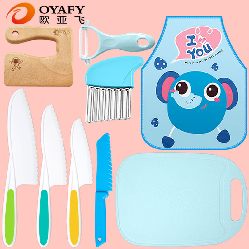 Plastic fruit knife, cutting board set, potato wave cutter, bread knife, wooden knife, peeler and planer, children's cartoon apron, bib details Picture