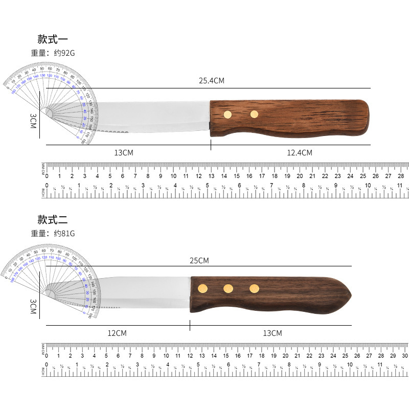 Wholesale of stainless steel Western-style steak knives from the original manufacturer, household sharp serrated wooden handles for cutting bread and toast Application Scenario