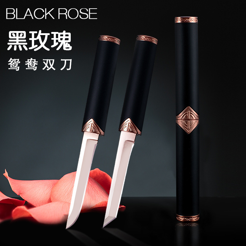 Light luxury black rose dragon and phoenix Mandarin duck Double Knife, sharp kitchen knife, fruit knife, multi-functional two-in-one knife Specification drawing
