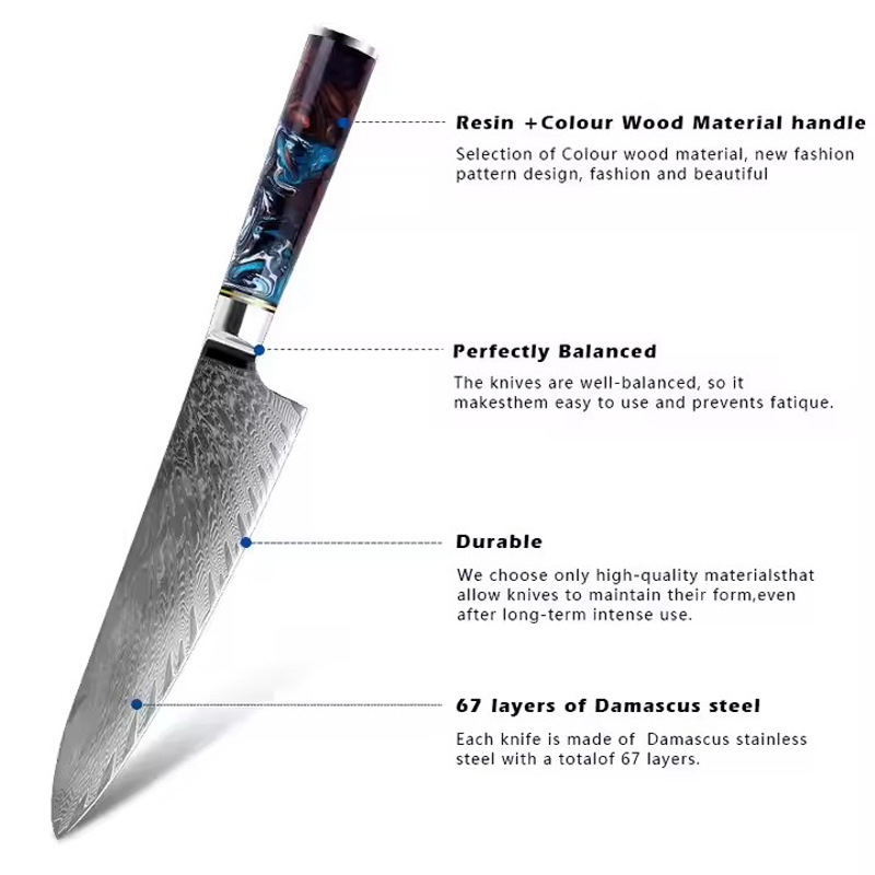 Cross-border best-selling chef's knife Damascus steel resin handle chef's knife Western kitchen household kitchen knife in stock wholesale Specification drawing