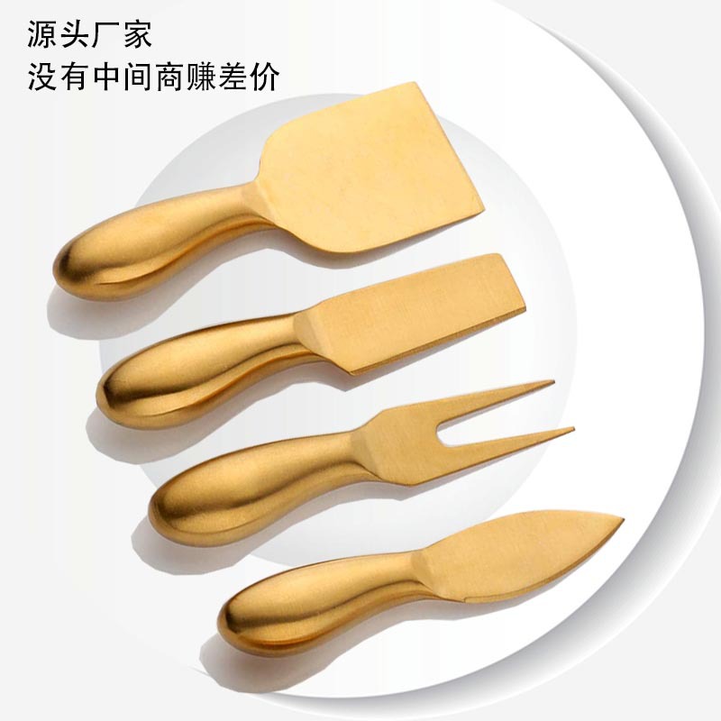 Factory direct sales of stainless steel golden cheese knife set, cheesecake fork, sharp knife, butter knife, four-piece tool set full figure