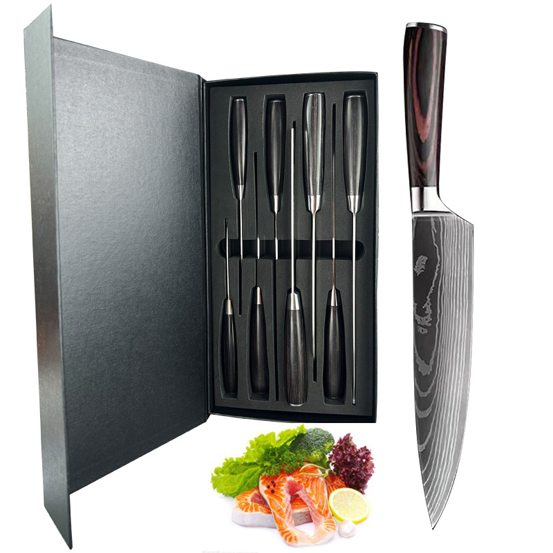Cross-border Damascus colored wood chef knife set, Japanese cooking knife, fruit knife, kitchen knife, stainless steel knife set details Picture
