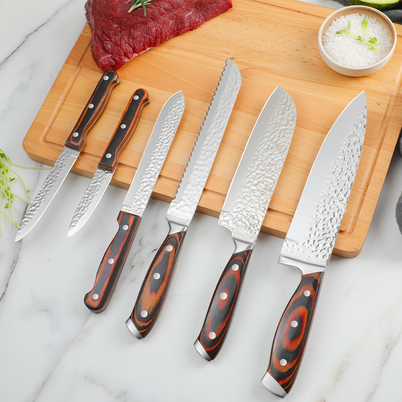 Jiameikang foreign Trade knife set: 15-piece hammer-textured forged chef knives, steel head colored wooden handle kitchen knives in stock details Picture