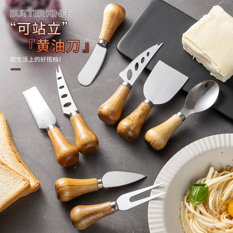 Acacia wood cheese knife, butter knife, mini freestanding knife for spreading bread, toast, cheese, jam and butter full figure