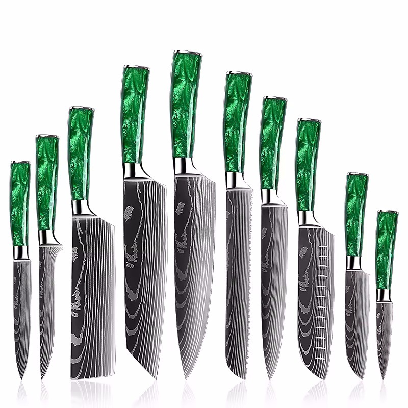 Cross-border foreign trade green resin Damask pattern chef's knife set, meat slicing knife, Santoku knife, Japanese knife Item Picture